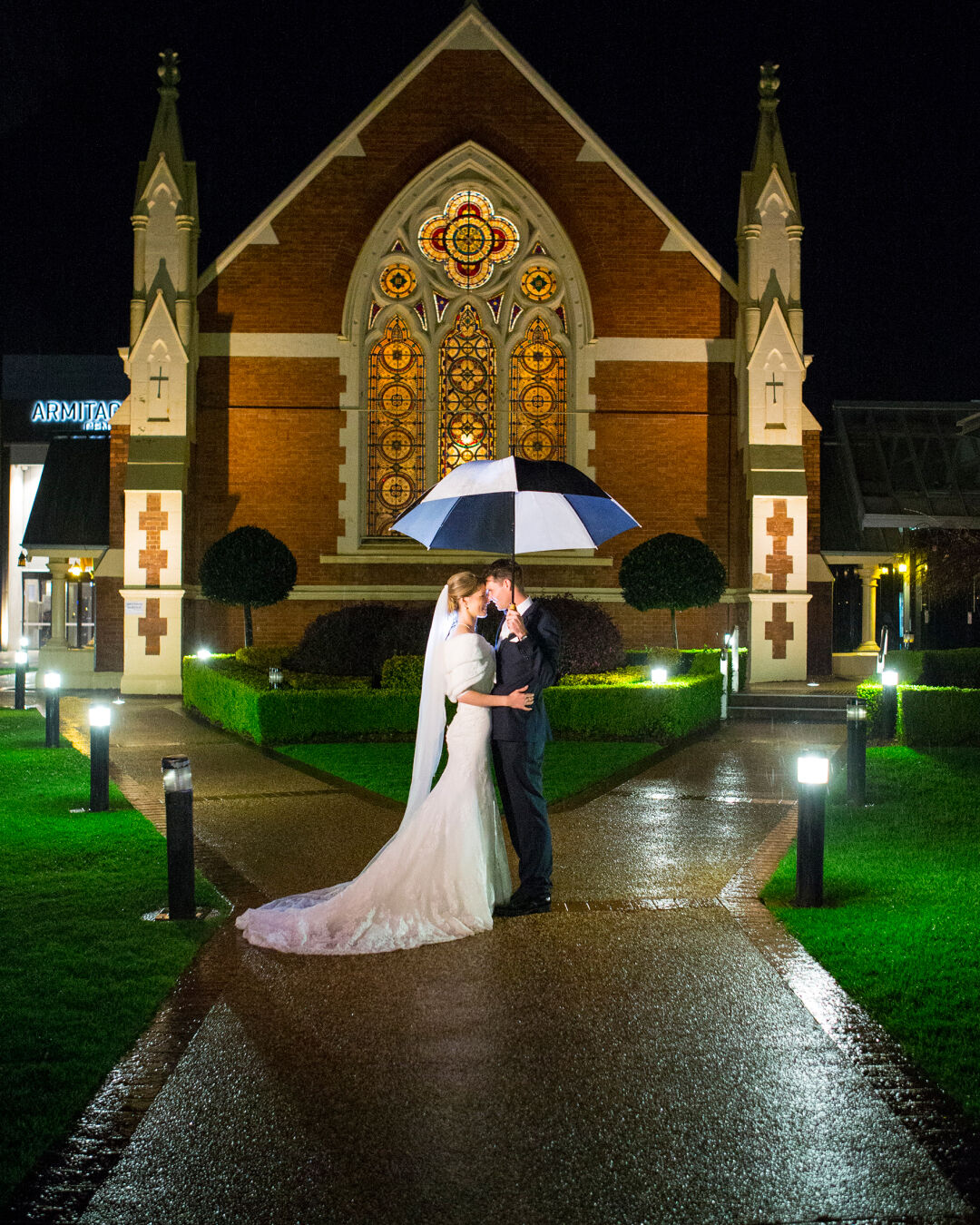 bride and groom outside the church