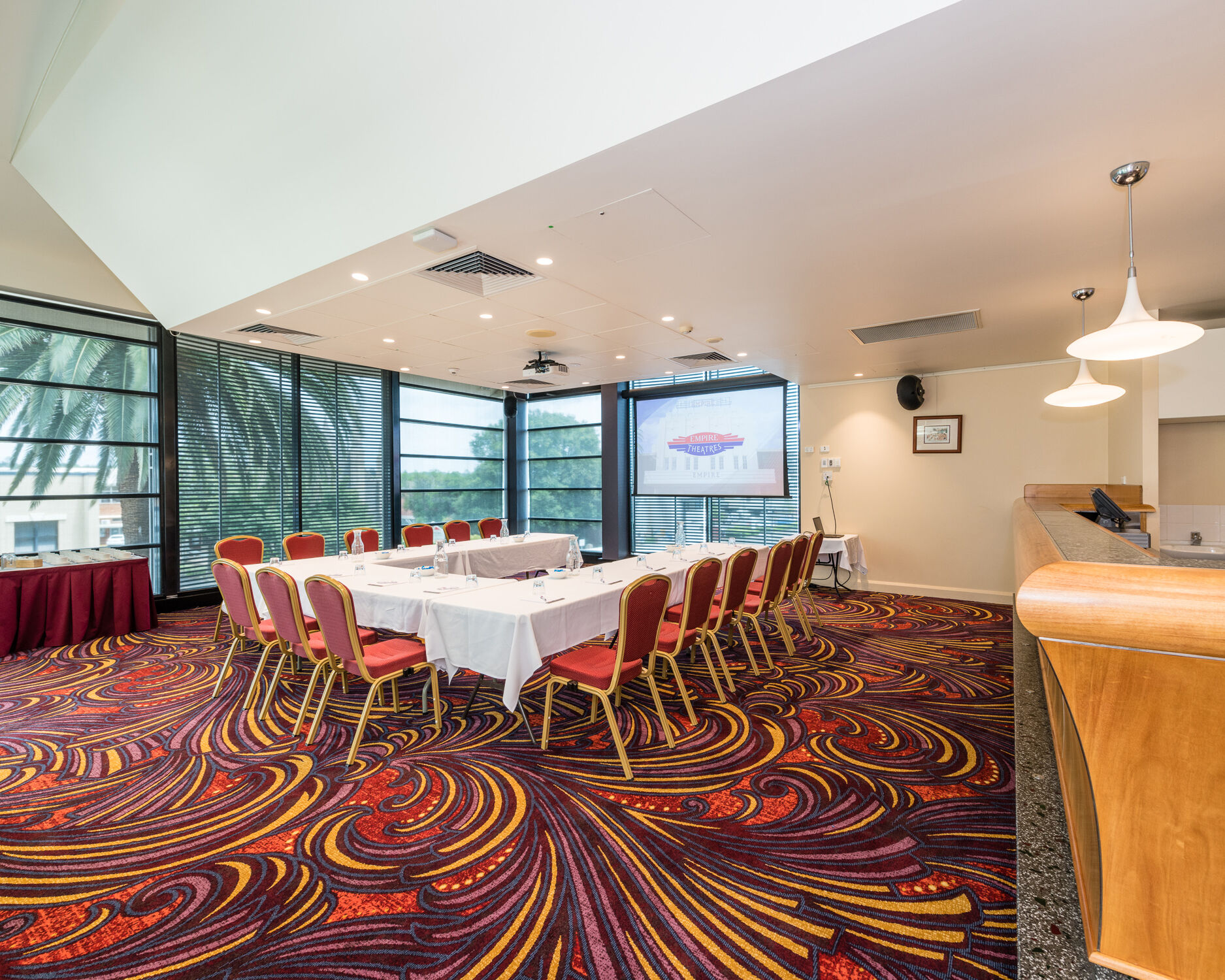 The Lounge Bar set up for a meeting with a U shaped table set up